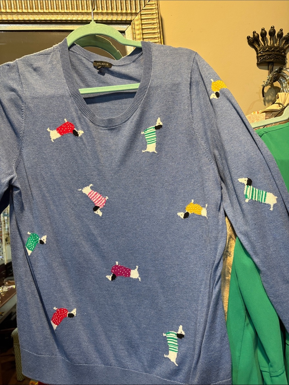 Talbots Blue Crewneck Sweater with Colorful Dachshunds Embroidery